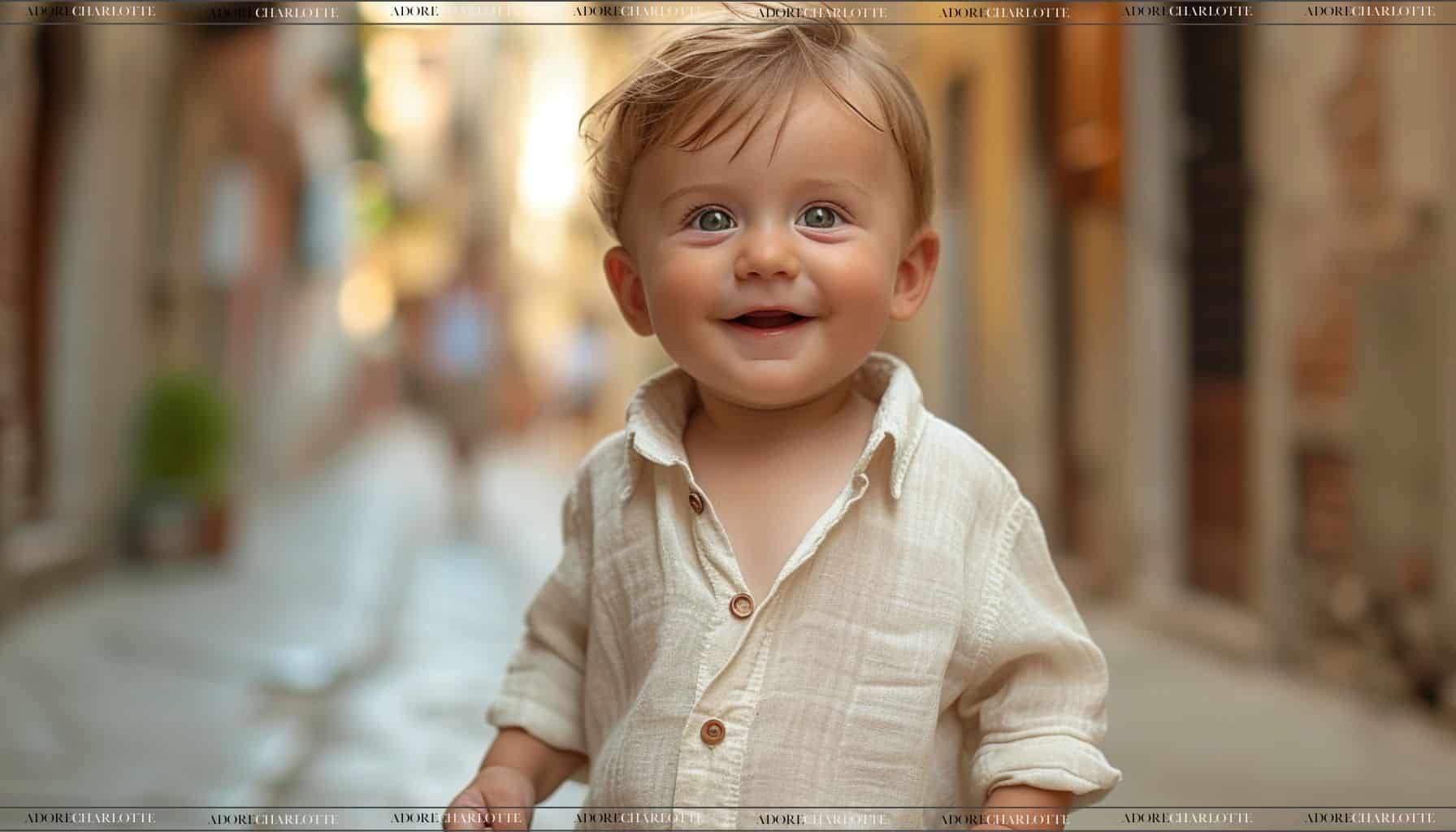 Middle Name for Austin cute toddler all smiles on a cobble street.