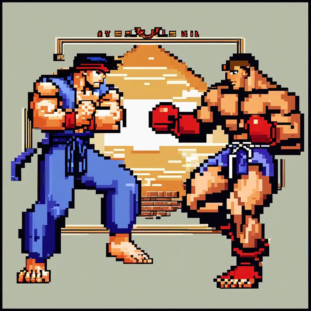 Combattants de jeux vidéo de style pixel art, prêt à se battre dans un combat épique sur fond de ciel en dégradé, mettant en valeur l'univers rétro de l'arcade et des jeux de combat.