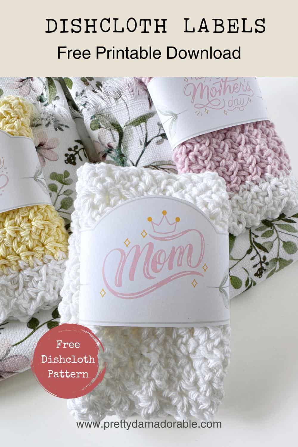 yellow pink and white crochet dishcloth with happy mothers day labels on them