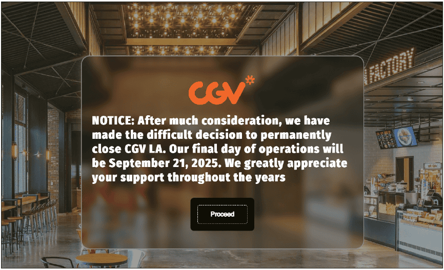 CGV LA theater closure notice posted online announcing permanent shutdown on September 21, 2025