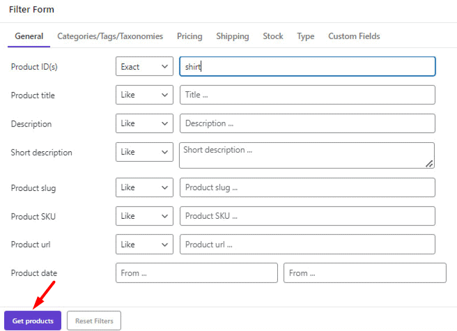 Enter text in title field and press the get products button