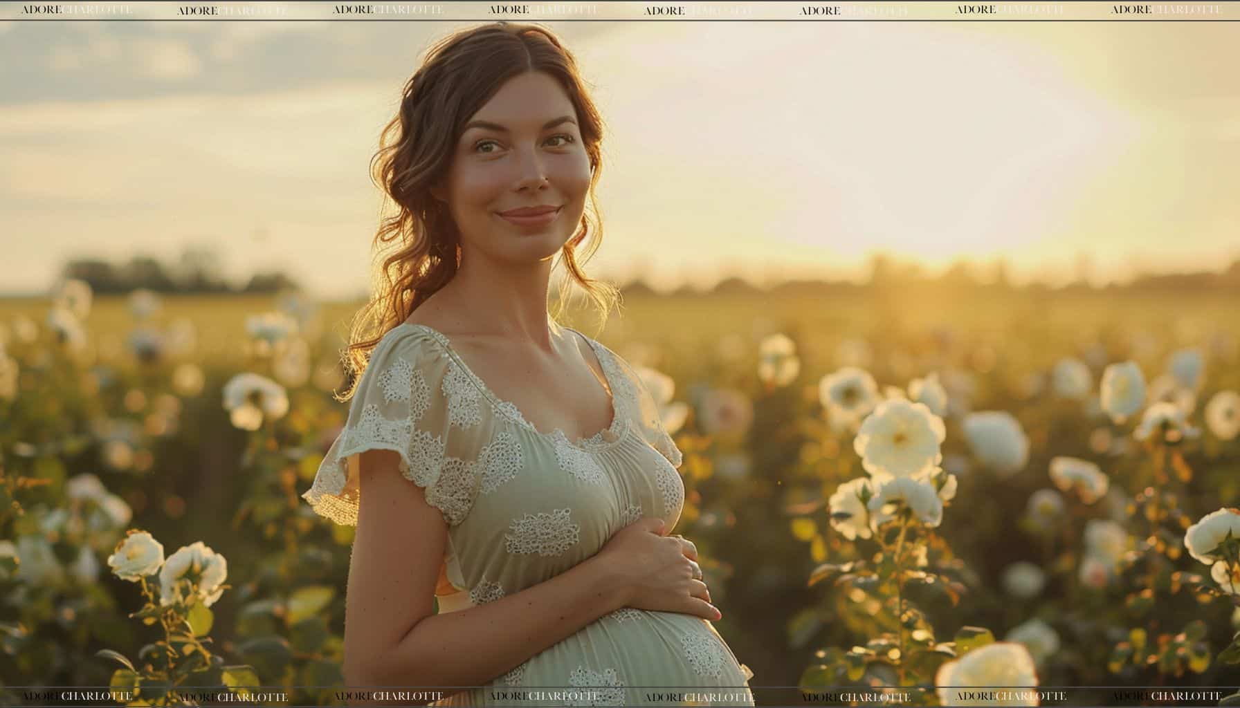Beautiful pregnant woman in a field of flowers