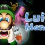 Mario déguisé en Luigi, entouré de personnages de jeux vidéo Nintendo effrayants et mystérieux, dans un décor de maison hantée pour une expérience de jeu d'horreur et d'aventure, illustration de Luigi's Mansion.