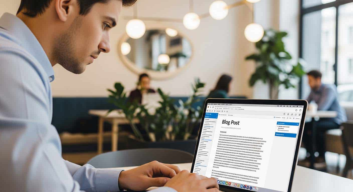 the cost of poor blogging Person writing blog post on laptop in cafe.