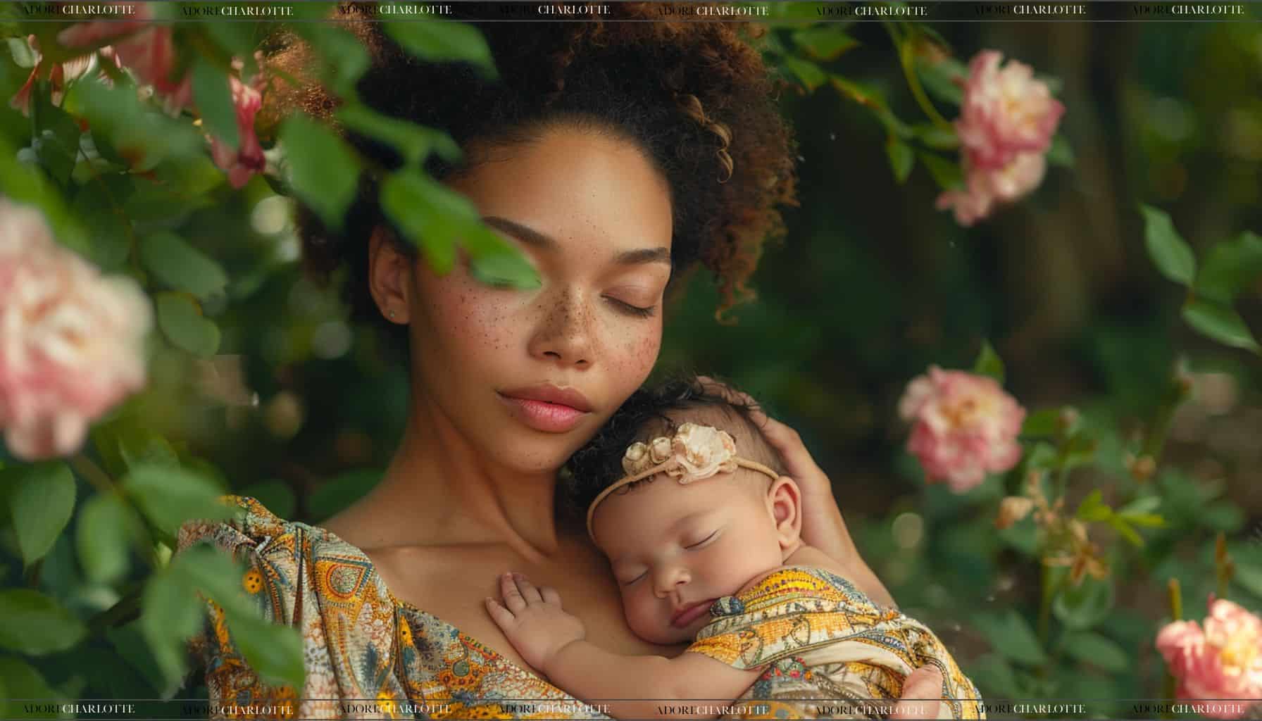 mother and newborn baby outdoors.