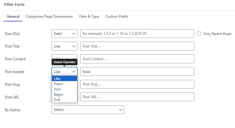 select post excerpt field in general tab filter form