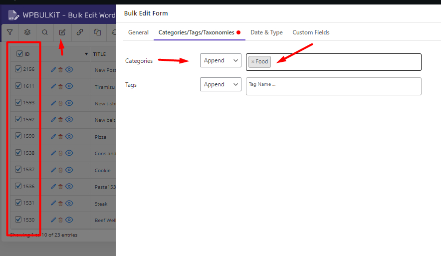 mark all products and select food categories in bulk edit form