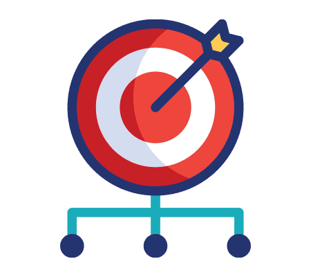 Bullseye target with an arrow in the center, connected to a branching network below