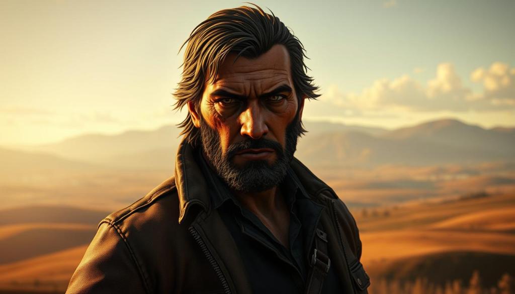 A weathered and rugged cowboy stands resolute, his face etched with a lifetime of hardship and determination. Arthur Morgan, the tragic protagonist of Red Dead Redemption 2, is framed against a vast, open landscape of rolling hills and distant mountains. Soft, golden light filters through the air, casting a warm glow on his worn leather jacket and weather-beaten features. His piercing gaze, filled with a mix of sorrow and defiance, commands the viewer's attention, conveying the complex emotions that define his character. The composition emphasizes the character's solitary, contemplative nature, set against the backdrop of the untamed American frontier. A weathered and rugged cowboy stands resolute, his face etched with a lifetime of hardship and determination. Arthur Morgan, the tragic protagonist of Red Dead Redemption 2, is framed against a vast, open landscape of rolling hills and distant mountains. Soft, golden light filters through the air, casting a warm glow on his worn leather jacket and weather-beaten features. His piercing gaze, filled with a mix of sorrow and defiance, commands the viewer's attention, conveying the complex emotions that define his character. The composition emphasizes the character's solitary, contemplative nature, set against the backdrop of the untamed American frontier.