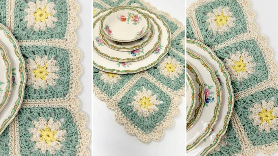 A set of vintage floral plates stacked on a crochet table runner with green, cream, and yellow granny square patterns—perfect crochet placement inspiration—shown from three different angles.