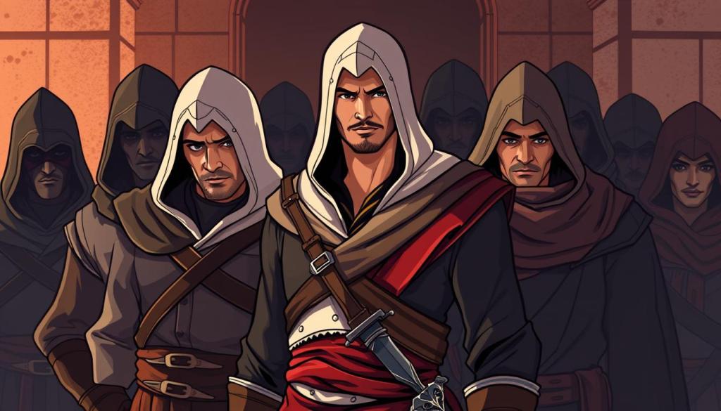 A detailed portrait of Ezio Auditore, the legendary Assassin, surrounded by his closest allies and companions. Ezio stands tall in the foreground, his iconic robes and hidden blade gleaming in warm, chiaroscuro lighting. Beside him, his mentor and father figure Mario Auditore, the skilled swordsman and tactician. In the middle ground, Ezio's sister Claudia and his best friend Leonardo da Vinci, an ingenious inventor and loyal confidant. In the background, the shadows of other Assassins, their hoods obscuring their faces, creating an atmosphere of mystery and camaraderie. The scene exudes a sense of unity, trust, and the shared purpose that bound Ezio's band of brothers together in their fight against injustice. A detailed portrait of Ezio Auditore, the legendary Assassin, surrounded by his closest allies and companions. Ezio stands tall in the foreground, his iconic robes and hidden blade gleaming in warm, chiaroscuro lighting. Beside him, his mentor and father figure Mario Auditore, the skilled swordsman and tactician. In the middle ground, Ezio's sister Claudia and his best friend Leonardo da Vinci, an ingenious inventor and loyal confidant. In the background, the shadows of other Assassins, their hoods obscuring their faces, creating an atmosphere of mystery and camaraderie. The scene exudes a sense of unity, trust, and the shared purpose that bound Ezio's band of brothers together in their fight against injustice.