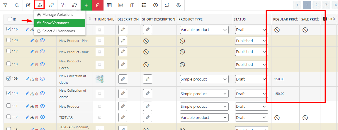 select show variations option in manage variations tool