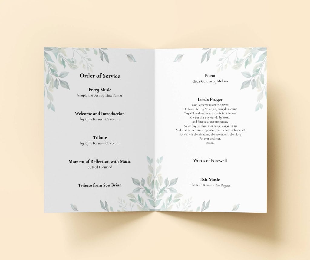 Inside pages of funeral order of service (Example)