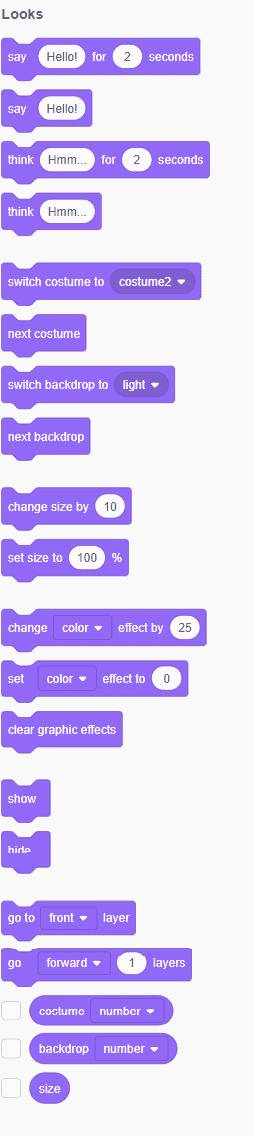 List of Scratch Looks blocks including say, think, costume changes, size adjustments, visual effects, show, and hide
