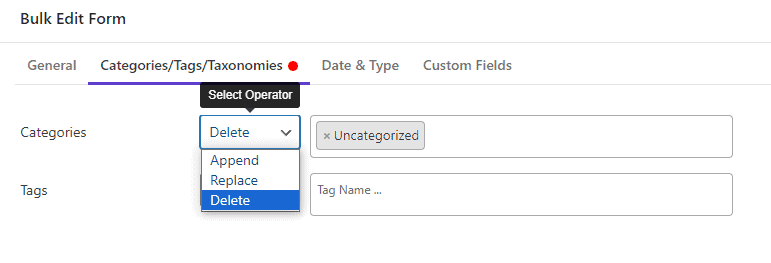 select operator dropdown for categories field in Bulk Edit Form