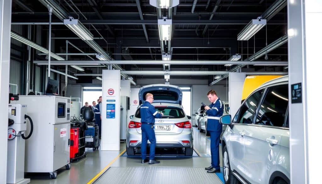 Fahrzeugprüfung in der Prüfhalle des Strassenverkehrsamt Aargau Fahrzeugprüfung in der Prüfhalle des Strassenverkehrsamt Aargau