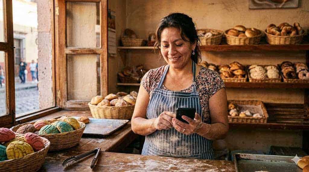 WhatsApp para PyMEs México 1 Comerciante mexicana en León revisando WhatsApp Business detrás del mostrador de su panadería