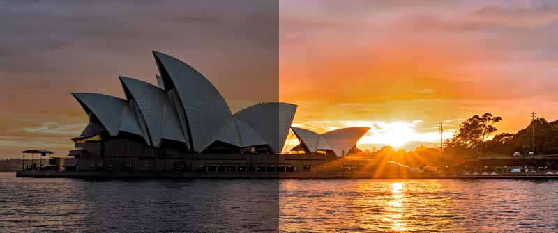 Die Oper in Sydney zum Sonnenaufgang - eine Bildhälfte als entwickelte RAW-Datei