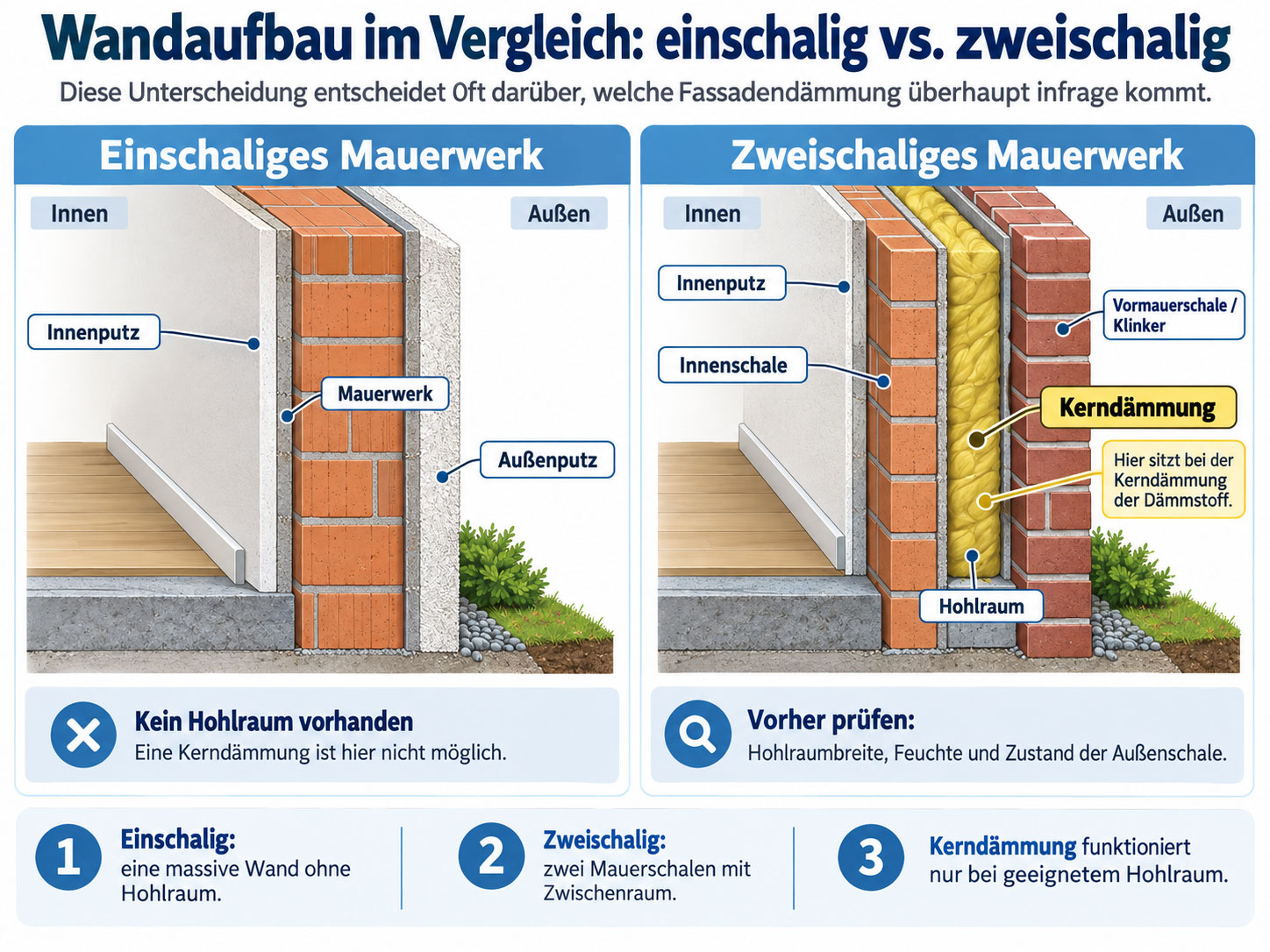 Vergleich von einschaligem und zweischaligem Mauerwerk mit markiertem Hohlraum für eine mögliche Kerndämmung.