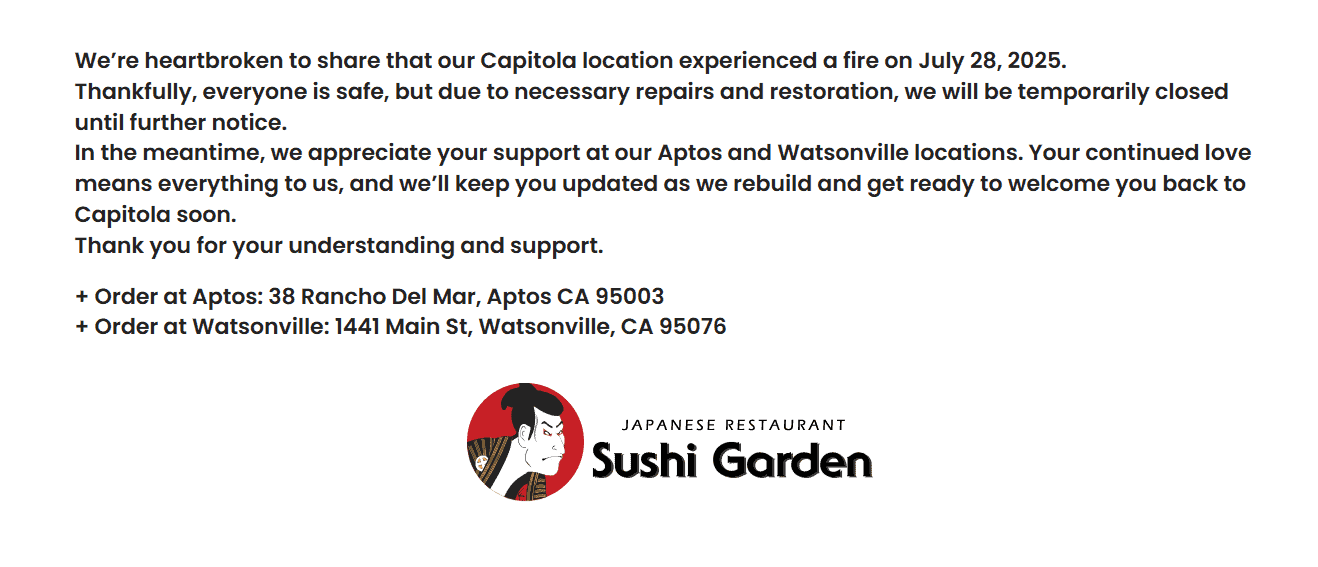 Sushi Garden Capitola fire recovery notice with restaurant logo on official website