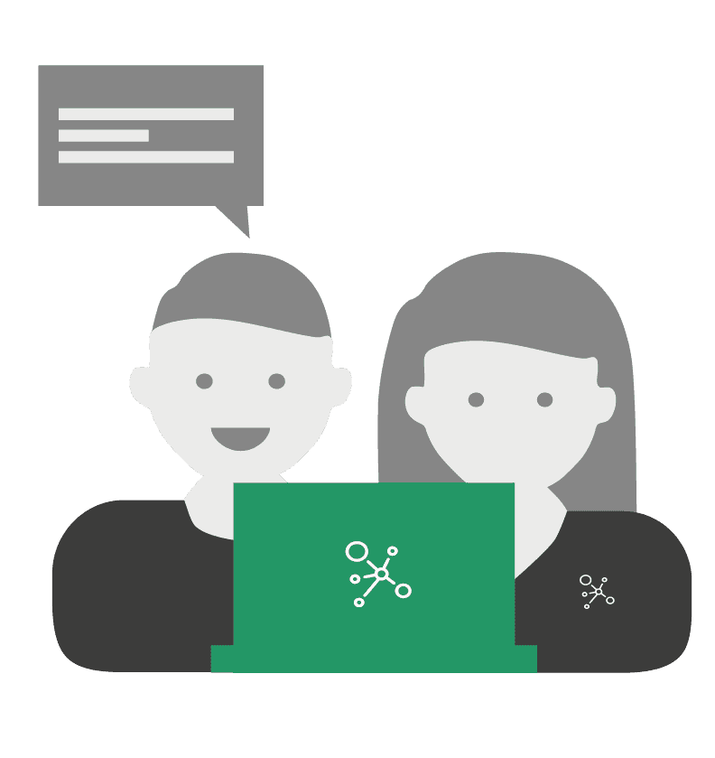 Ein Mann und eine Frau schauen in einen Laptop. Der Mann spricht und darüber befindet sich eine Sprechblase. Der Mann berät die Frau