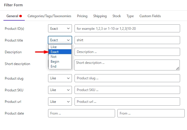 Select exact from the product title operator list in filter form