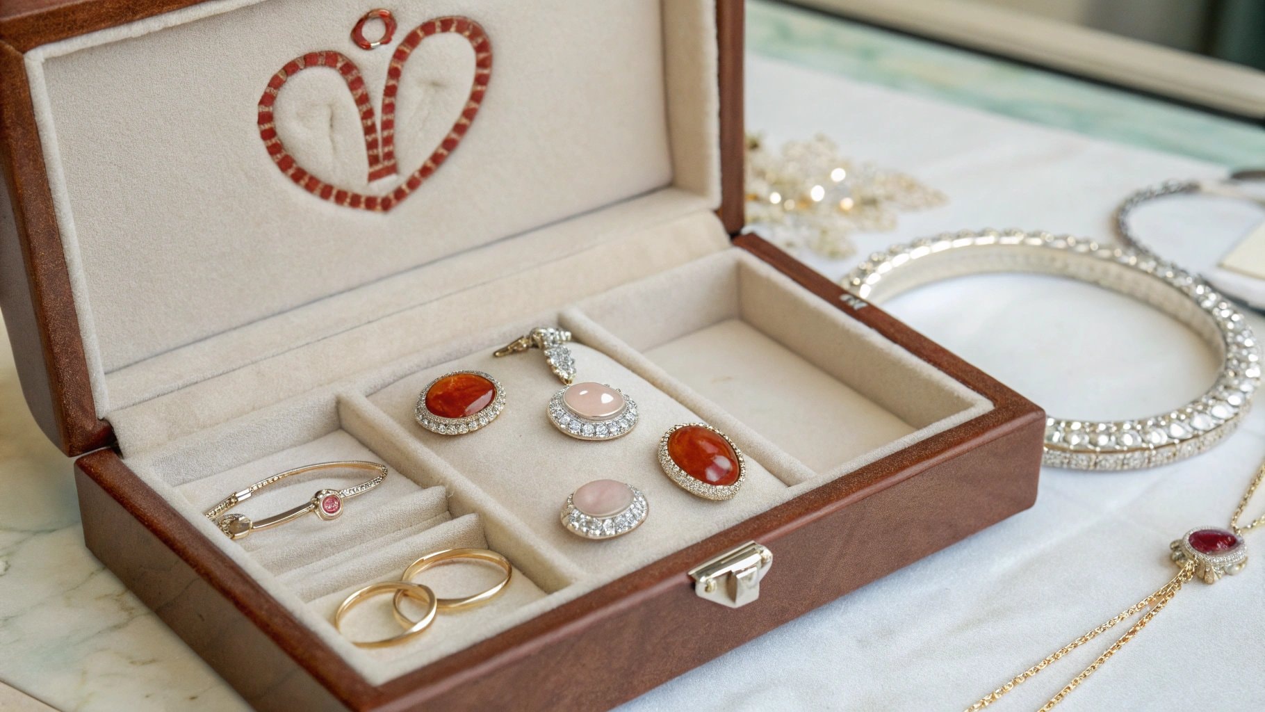 आभूषण बॉक्स, मेष राशि चक्र के साथ उकेरा गया, जिसमें हीरा और रत्न गहने होते हैं, जो 19 अप्रैल को जन्मजात के जन्म का प्रतीक है