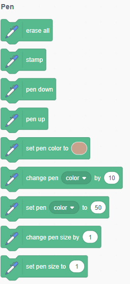 List of Scratch Pen extension blocks including erase all, stamp, pen down, pen up, and pen color and size controls
