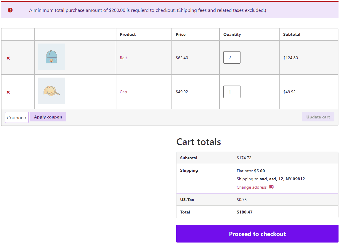 Result of resriction on order in cart