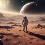 Explorateur spatial sur une planète mystérieuse en dehors de notre système solaire, découvrant des planètes et étoiles lointaines dans un univers futuriste et immersif.