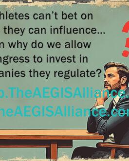 A man sits at a table with a coffee cup, pondering a question about Congress investing in companies they regulate, similar to athletes betting on games they influence. The text reads, "If Athletes can't bet on games they can influence... Then why do we allow Congress to invest in companies they regulate?