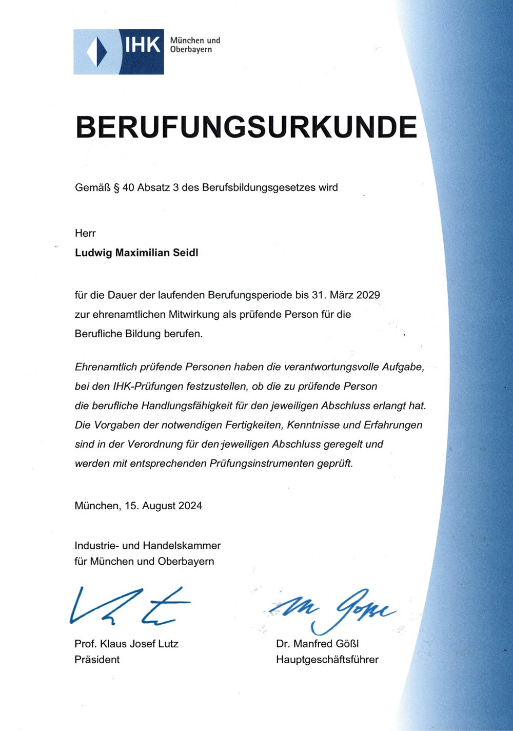 Ludwig Seidl-Berufungsurkunde IHK-Prüfer Berufungsurkunde IHK-Prüfer
