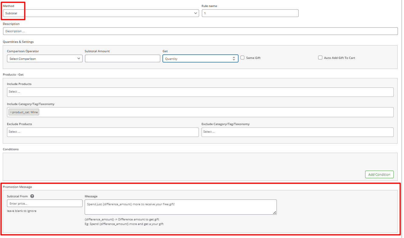 Promotions subtotal gift rule