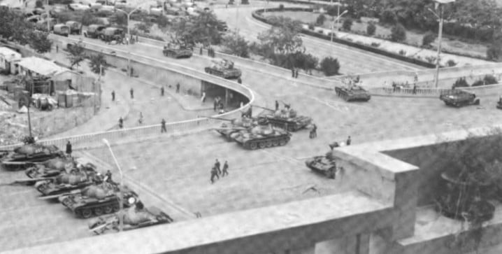 Tanks lined up on a Beijing street in July 1989, seen from above.