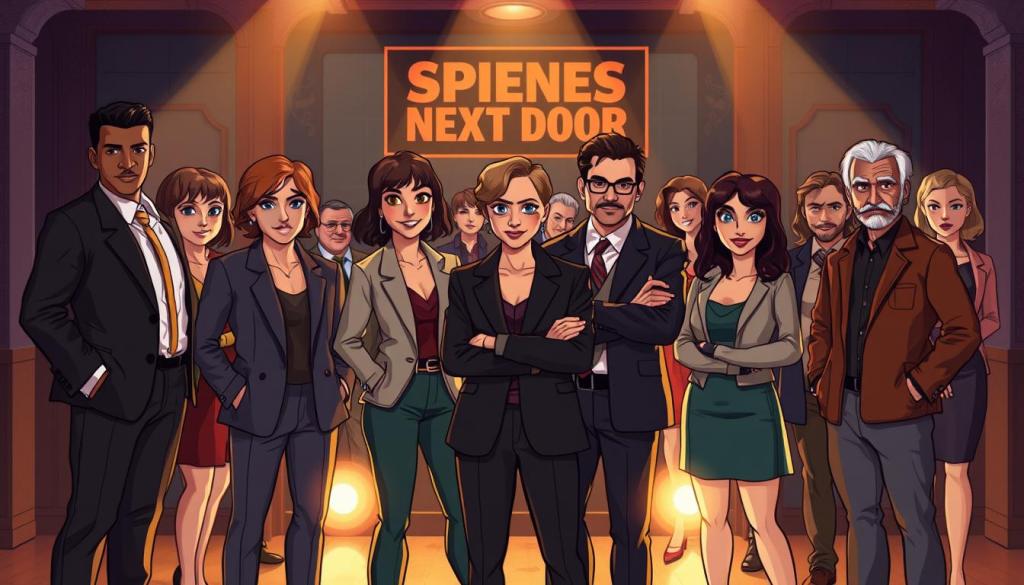 A group of talented actors posing together, illuminated by a warm, cinematic lighting. In the foreground, the lead actors stand confidently, their expressions reflecting the intrigue and mystery of their roles. In the middle ground, supporting cast members mingle, capturing the ensemble dynamic. The background features a stylized backdrop, hinting at the secretive world of the "Spies Next Door" film. The composition is balanced, with a sense of depth and a focus on the central characters. The overall mood is one of professionalism, camaraderie, and the anticipation of an engaging cinematic experience. A group of talented actors posing together, illuminated by a warm, cinematic lighting. In the foreground, the lead actors stand confidently, their expressions reflecting the intrigue and mystery of their roles. In the middle ground, supporting cast members mingle, capturing the ensemble dynamic. The background features a stylized backdrop, hinting at the secretive world of the "Spies Next Door" film. The composition is balanced, with a sense of depth and a focus on the central characters. The overall mood is one of professionalism, camaraderie, and the anticipation of an engaging cinematic experience.