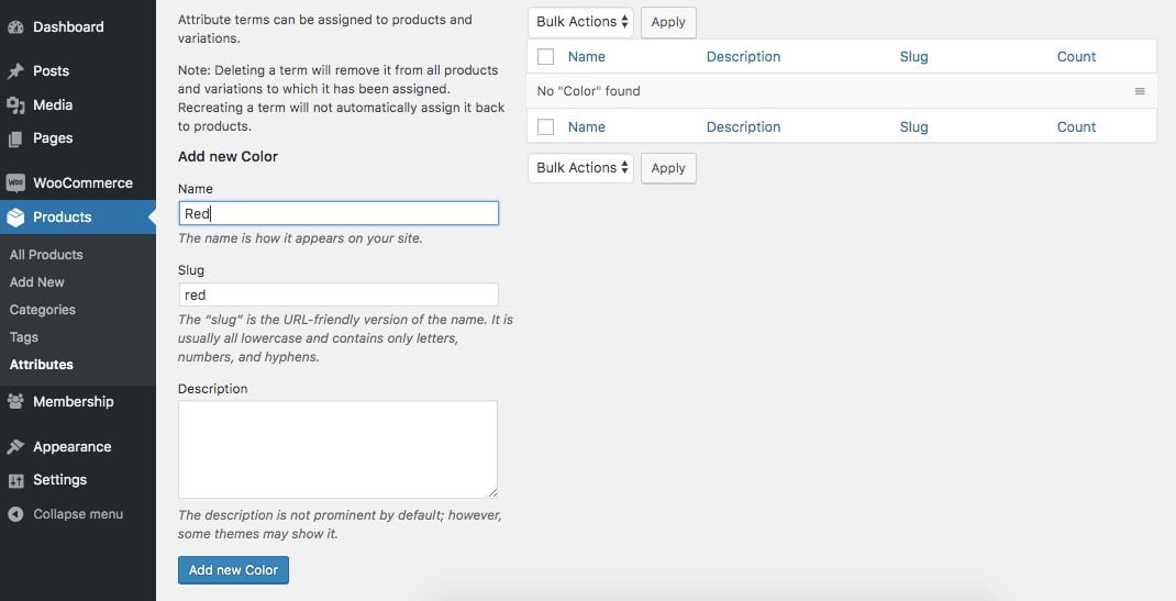 add attribute terms in WooCommerce
