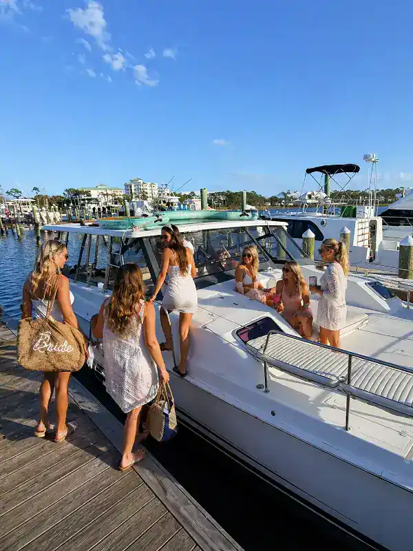 Bachelorettes boarding the Gemini Catamaran headed to Crab Island