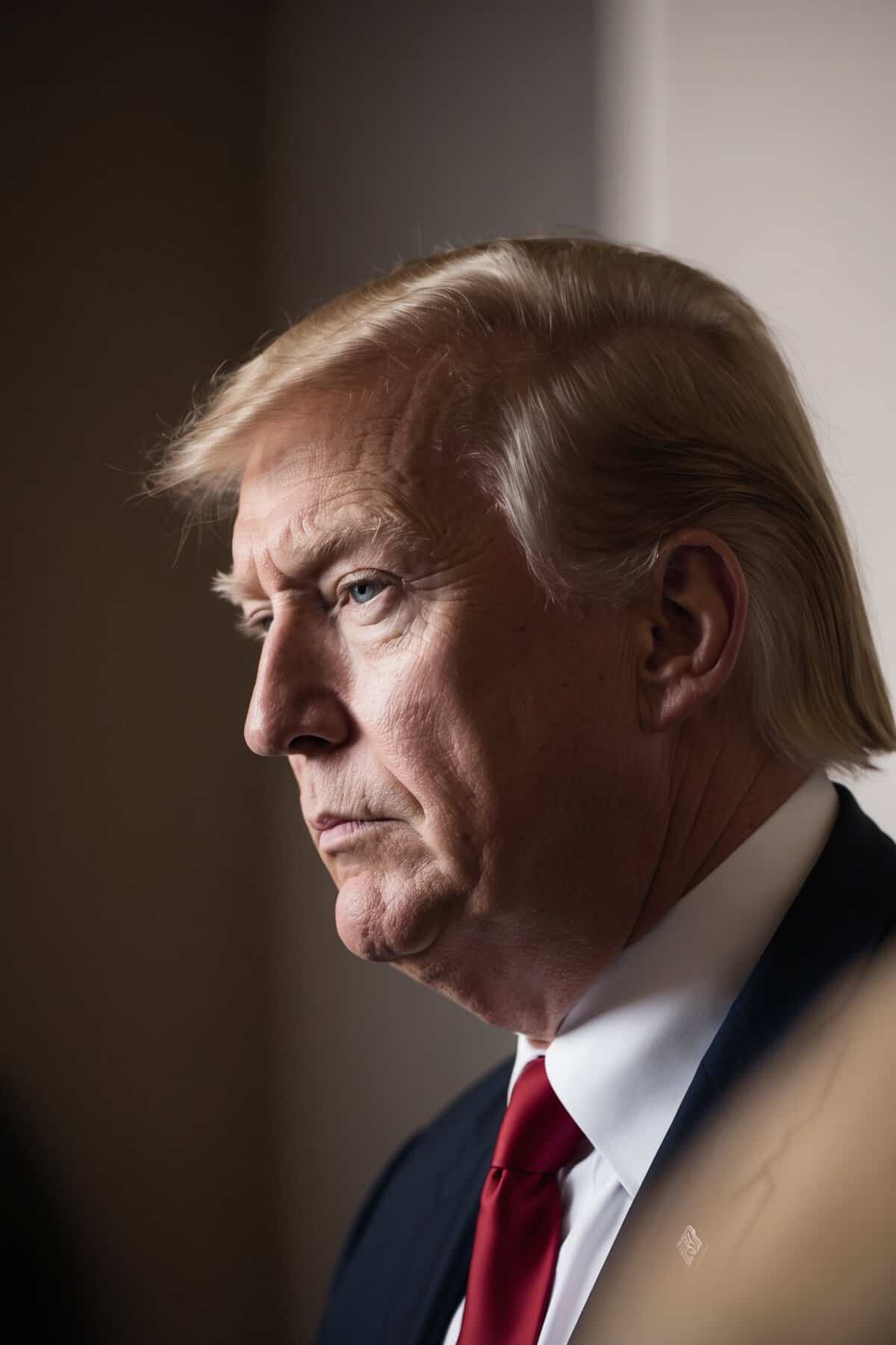 Side profile of a man in a suit and red tie, reminiscent of Donald Trump’s iconic style, with a serious expression, standing against a plain background.