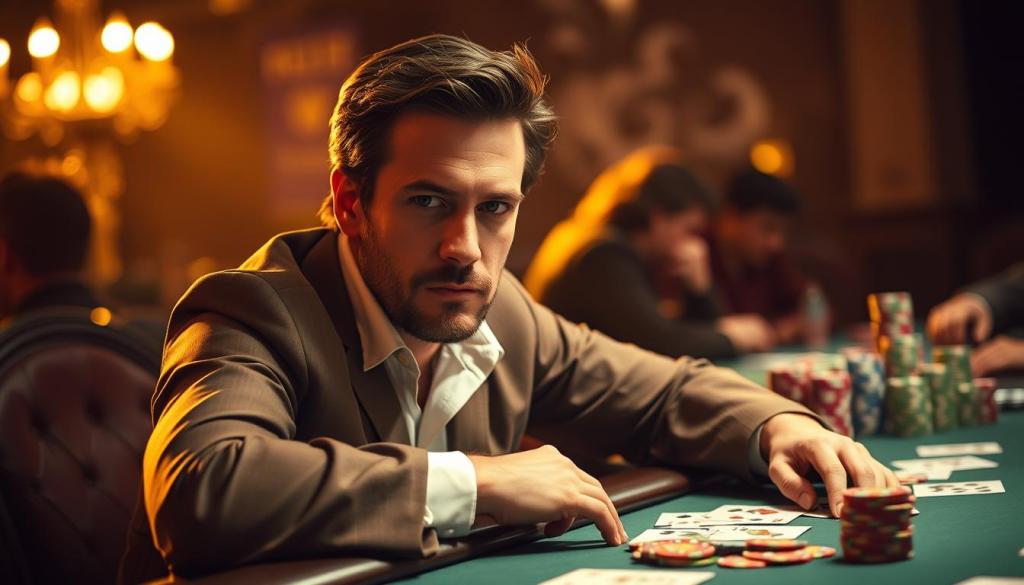 A high-stakes poker table with Max Kruse seated confidently, his face exuding a calm yet determined expression. The scene is bathed in a warm, golden light, creating a sense of elegance and sophistication. The table is adorned with stacks of colorful poker chips, hinting at Kruse's impressive winnings. In the background, the blurred silhouettes of other players add to the intensity of the moment, emphasizing Kruse's focus and skill at the game. The composition is well-balanced, with Kruse as the central figure, surrounded by the tools of his trade - cards, chips, and the tension of the game. A high-stakes poker table with Max Kruse seated confidently, his face exuding a calm yet determined expression. The scene is bathed in a warm, golden light, creating a sense of elegance and sophistication. The table is adorned with stacks of colorful poker chips, hinting at Kruse's impressive winnings. In the background, the blurred silhouettes of other players add to the intensity of the moment, emphasizing Kruse's focus and skill at the game. The composition is well-balanced, with Kruse as the central figure, surrounded by the tools of his trade - cards, chips, and the tension of the game.