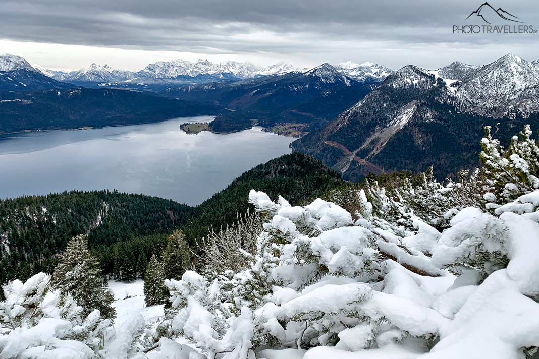 Blick im Winter vom verschneiten Jochberg-Gipfel auf den Walchensee