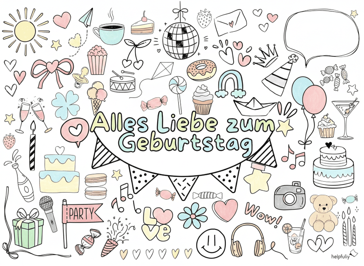 Auch mega schön in Pastellfarben: Malvorlage zum Geburtstag