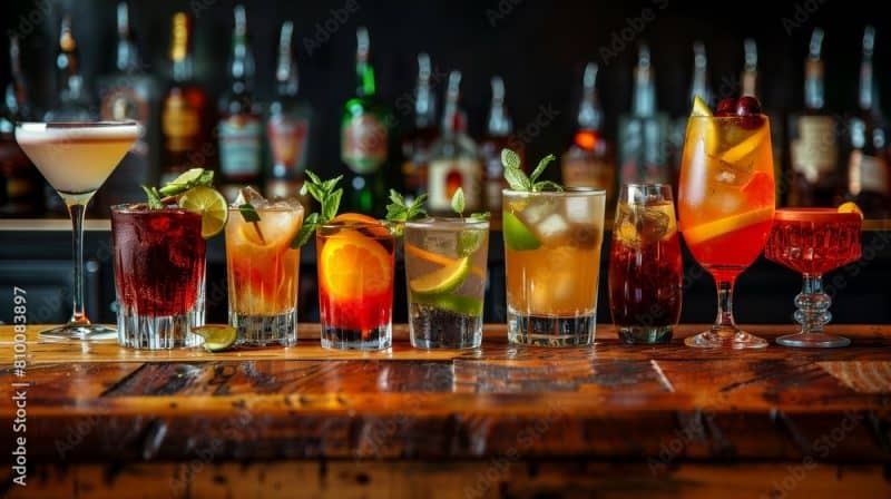 A row of glasses with various drinks on a wooden bar counter