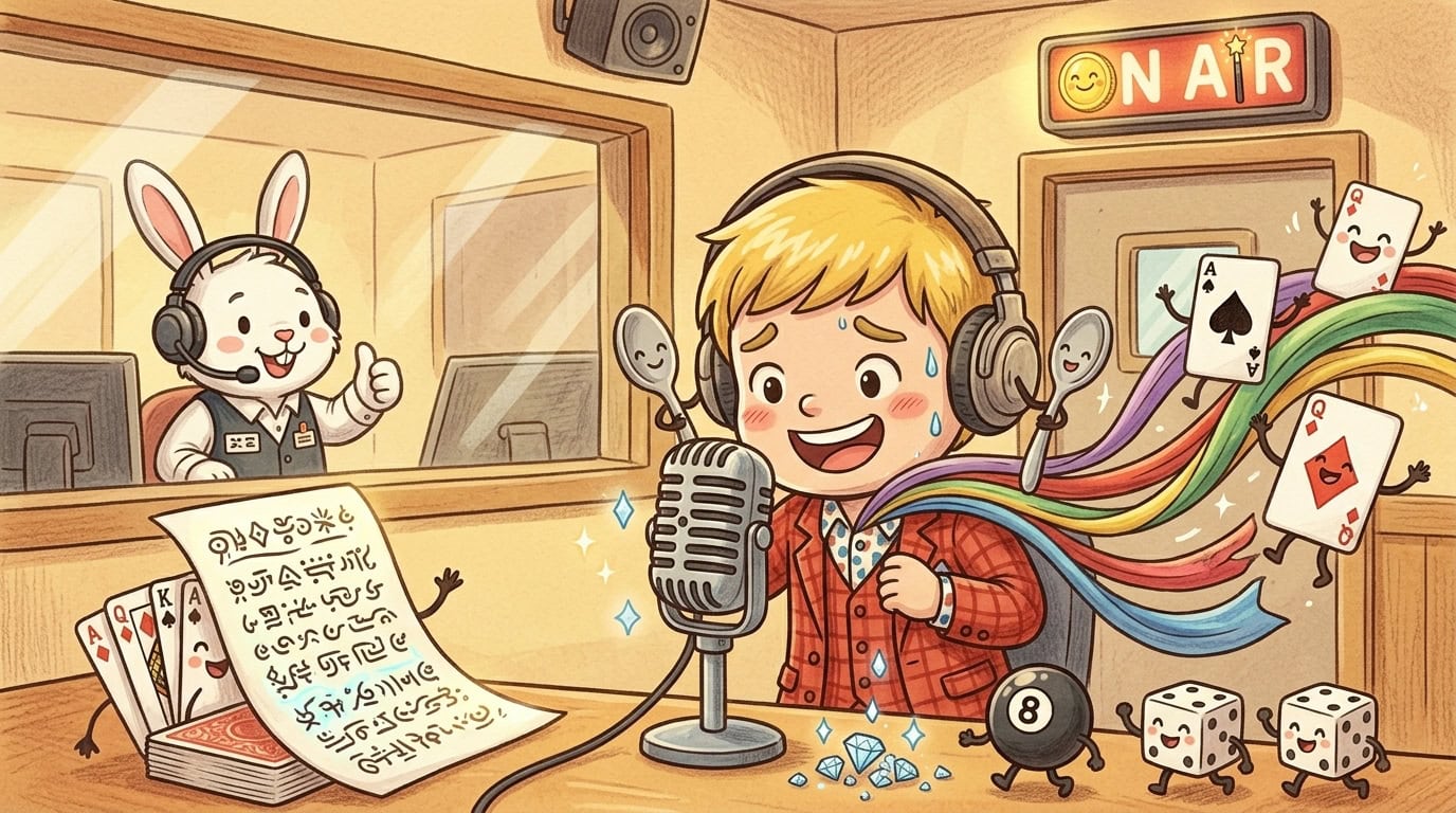 結婚式マジックが最高に幸せ!プロ18年目が語るレギュラーの3つの価値 4 FMとやまのラジオスタジオで初回収録に挑むマジシャンのチビキャラ風イラスト。緊張しながらマイクに向かう姿