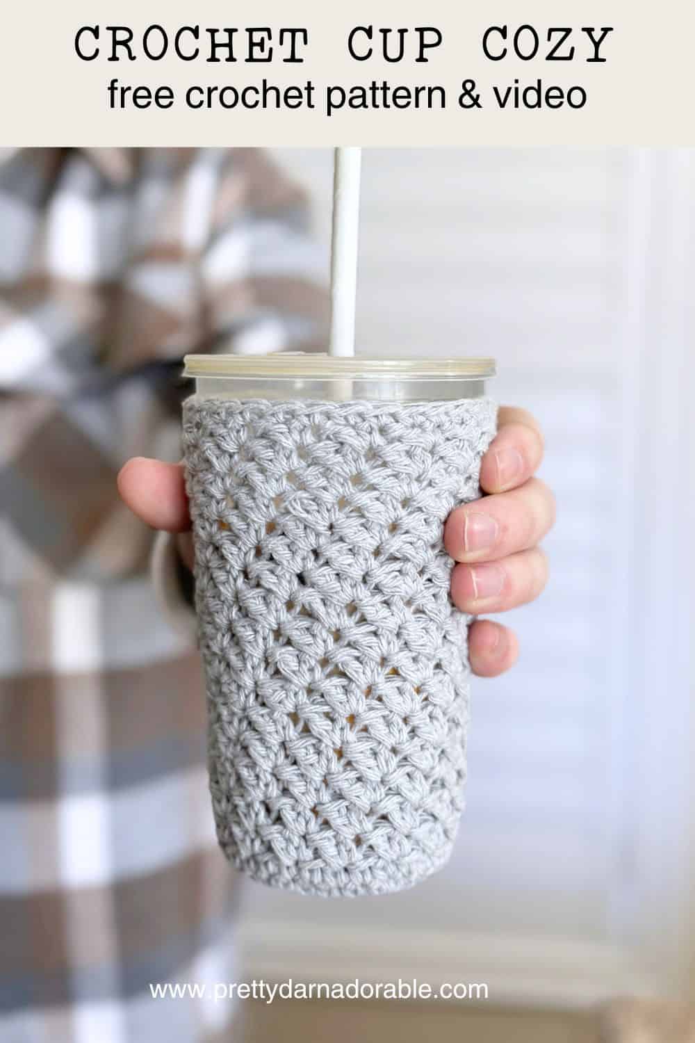 grey Textured crochet cup cozy with bottom