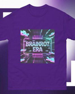 Purple Brainrot Era T-Shirt. Unisex classic fit tee featuring a neon pink and blue glitch art design. Cyberpunk and hacker tech aesthetic, perfect for Gen Z fashion and streetwear.
