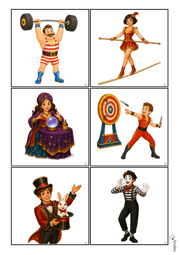 Gewichtheber, Messerwerfer und mehr Zirkus-Artisten als Bildkarten zum Ausdrucken