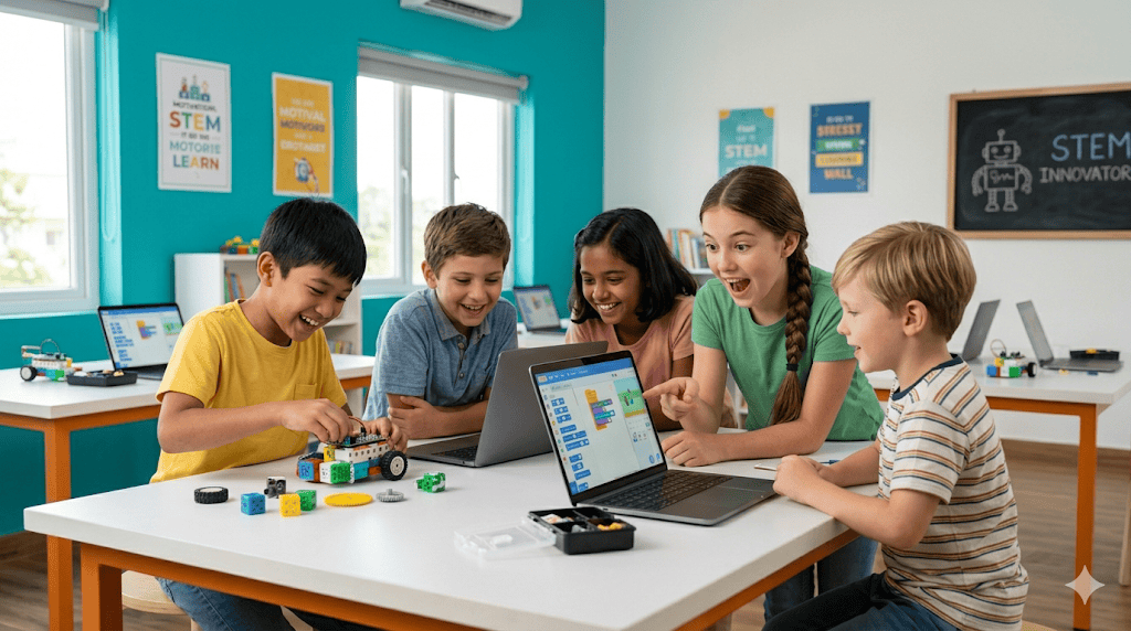 Kids collaborating in a summer STEM program with robots and laptops