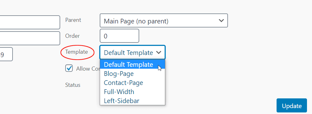 WordPress Template page in quick edit