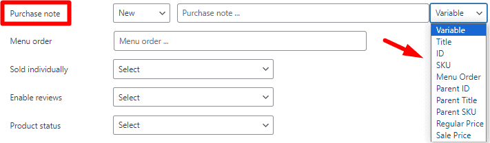 selected variable in the WooCommerce product purchase note