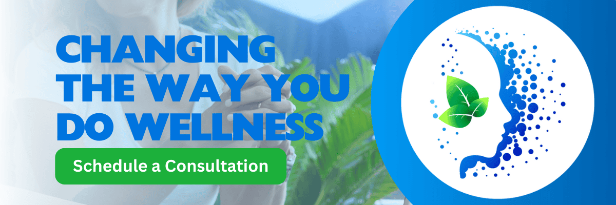 Call-to-action image for Think Wellness with an image of a woman with a yoga mat and a logo